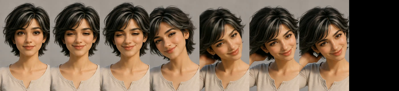 Seven frames from a generated clip, a woman's face turning and smiling, the same identity held consistently across every frame