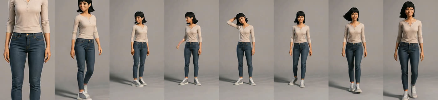 Eight frames of a full-body 3D character walking, a different face and hairstyle than the reference that was given