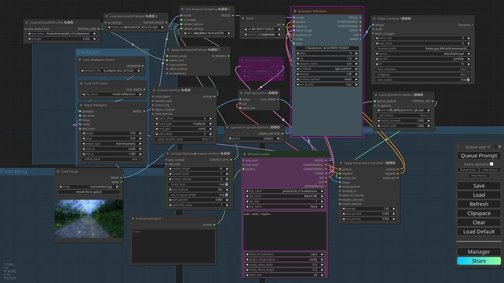 A ComfyUI node graph with dozens of connected nodes and an error dialog