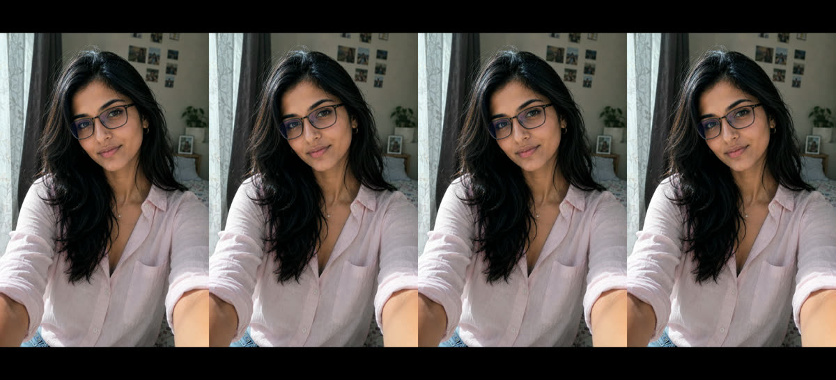 Four frames from one generated clip at LTX-2 19B, the same person's face held consistently across all four