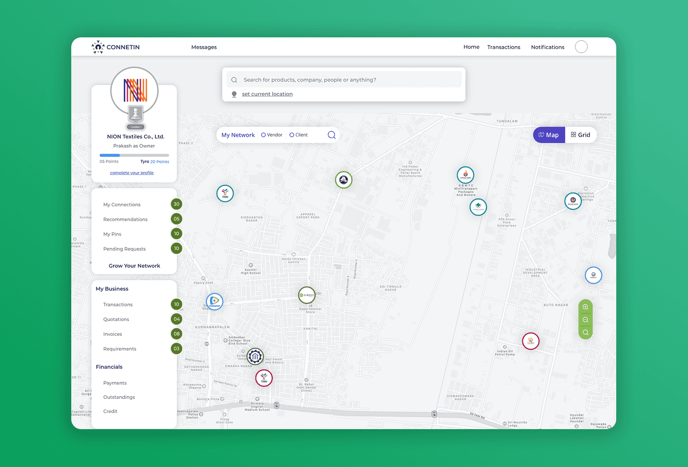 Connetin business network and connections view