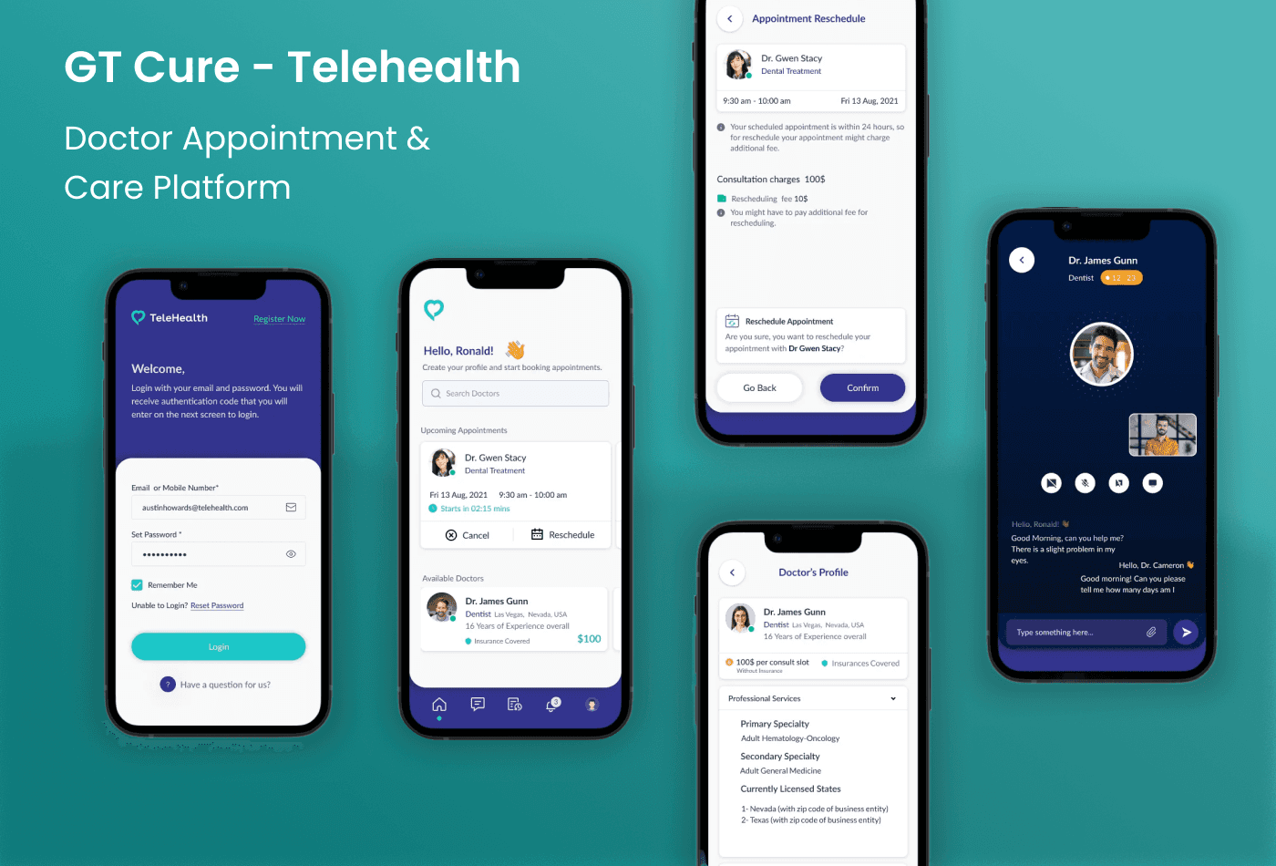 GT Cure Telehealth mobile app screens on teal background