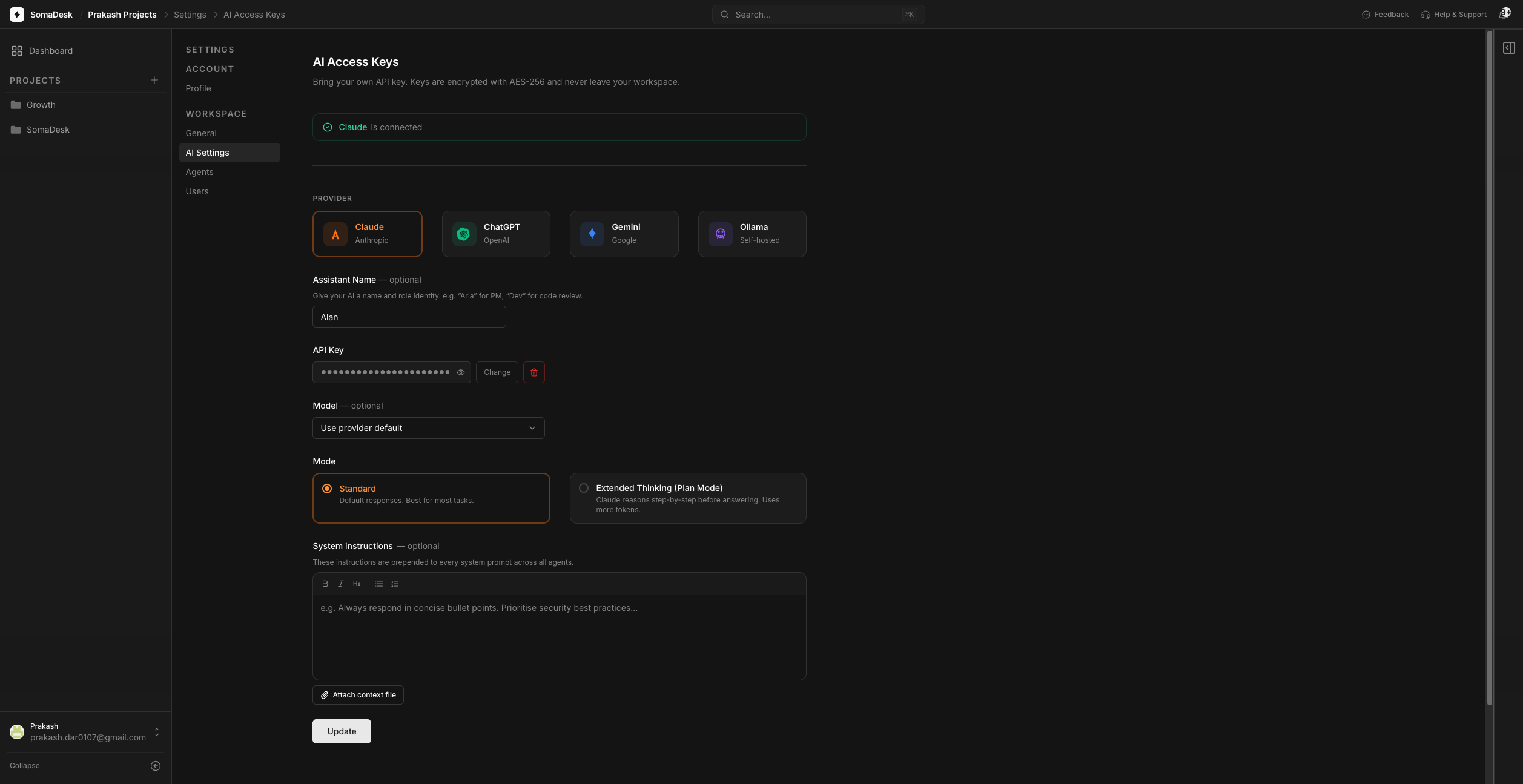 SomaDesk API settings — BYOK key configuration with provider selector