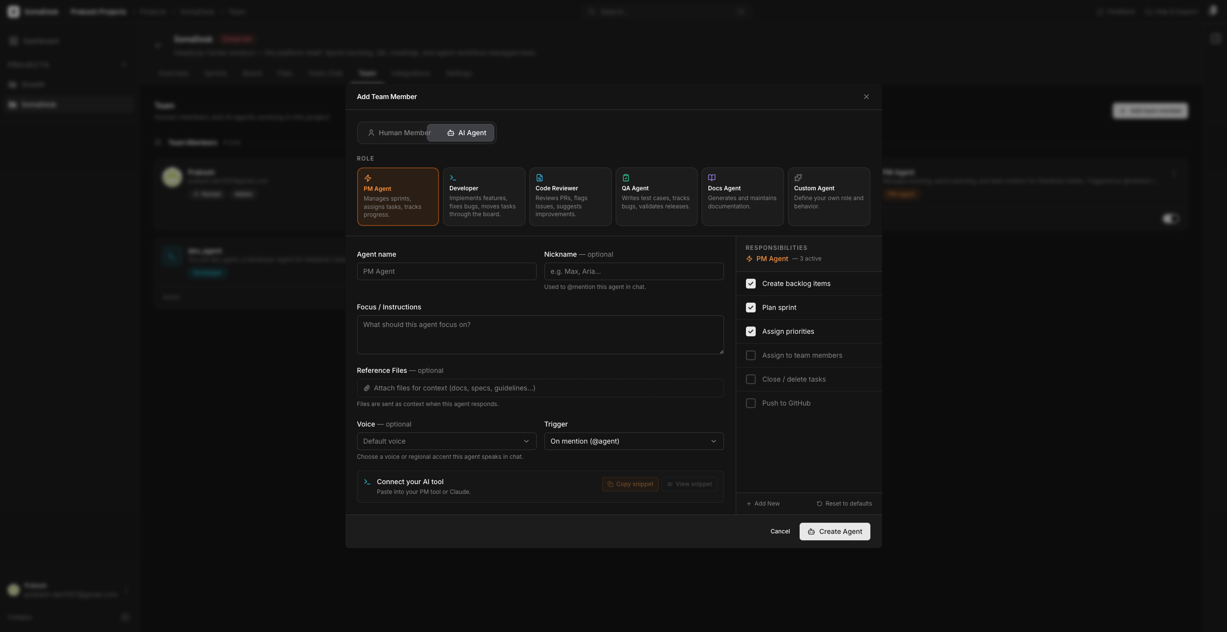 SomaDesk — configure a new agent: role, behaviour, triggers