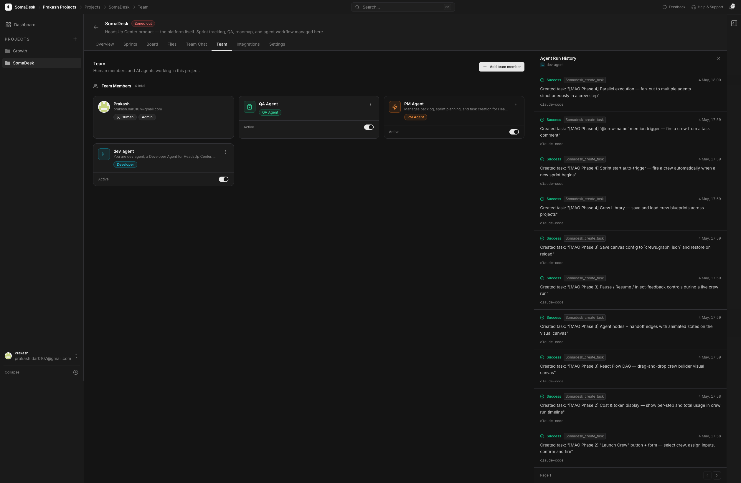 SomaDesk agent logs — activity and execution history