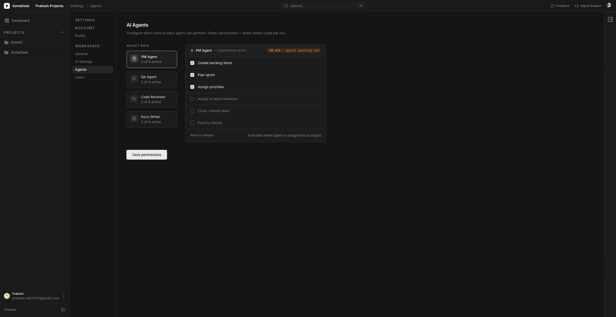 SomaDesk agent settings — behaviour and trigger configuration