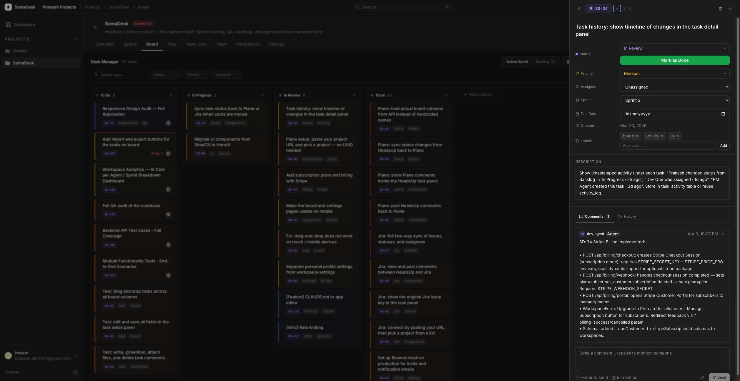 SomaDesk — agent posting progress comments and blocker notifications on a task