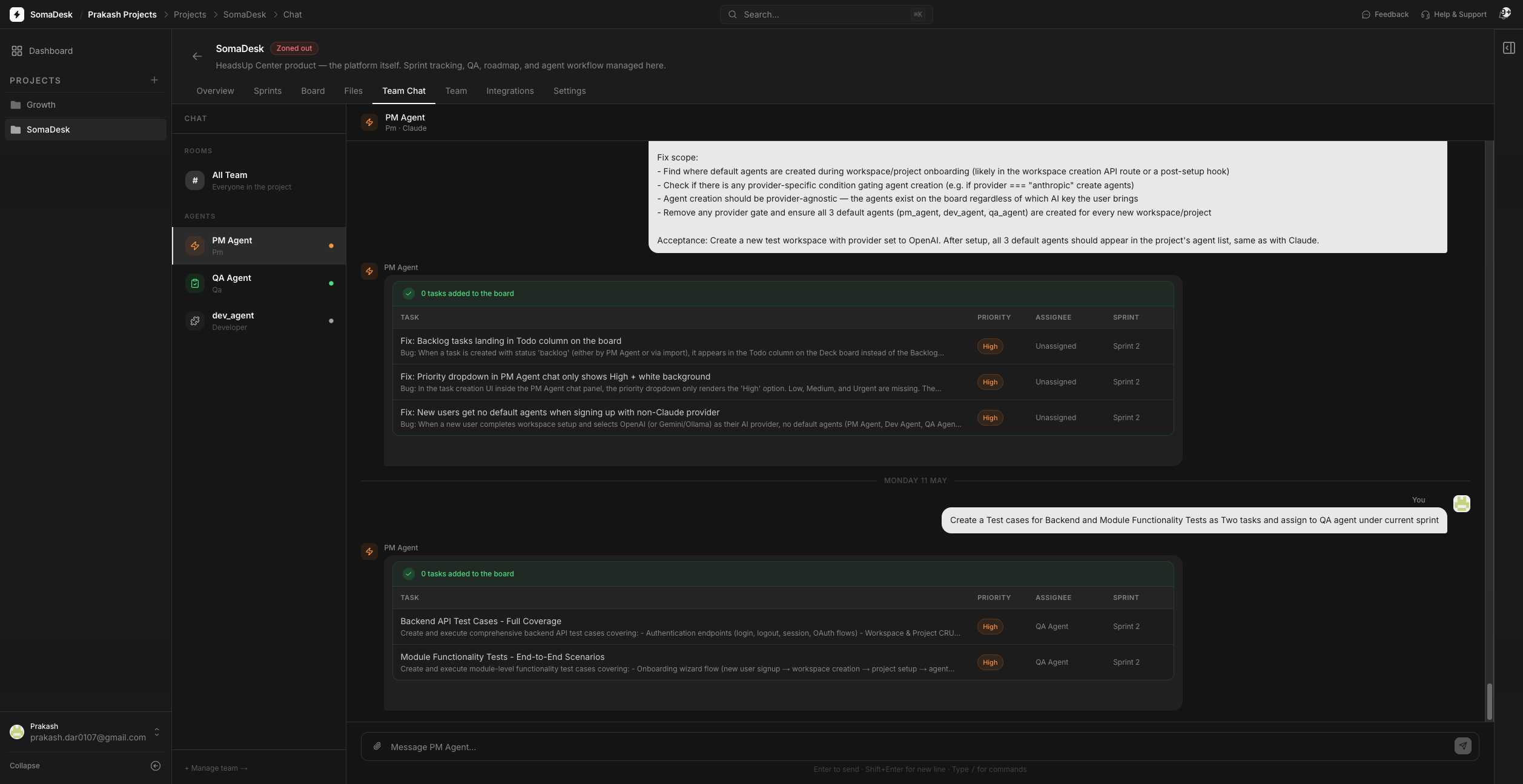 SomaDesk — PM agent assigning tasks across the board