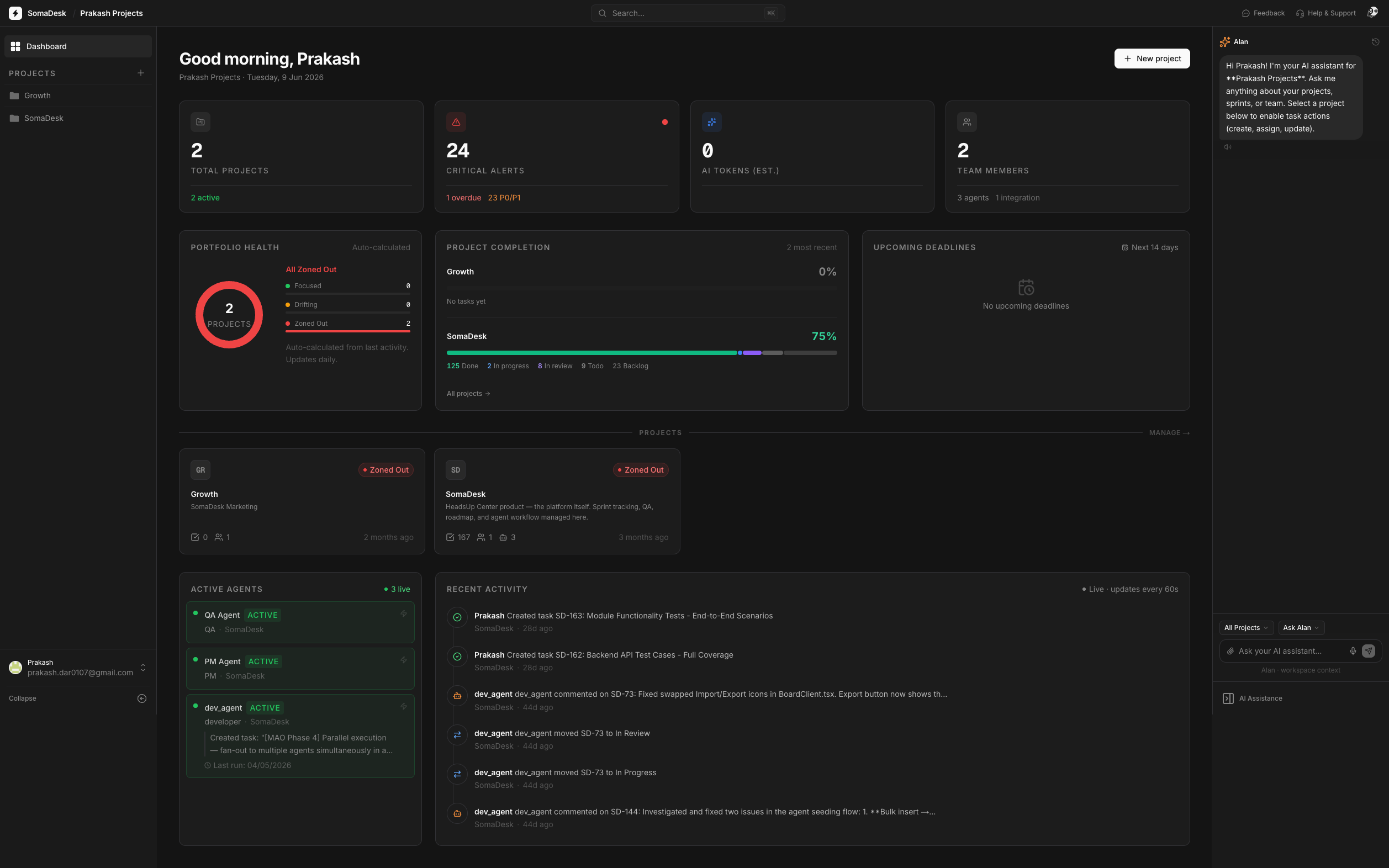 SomaDesk AI project management dashboard