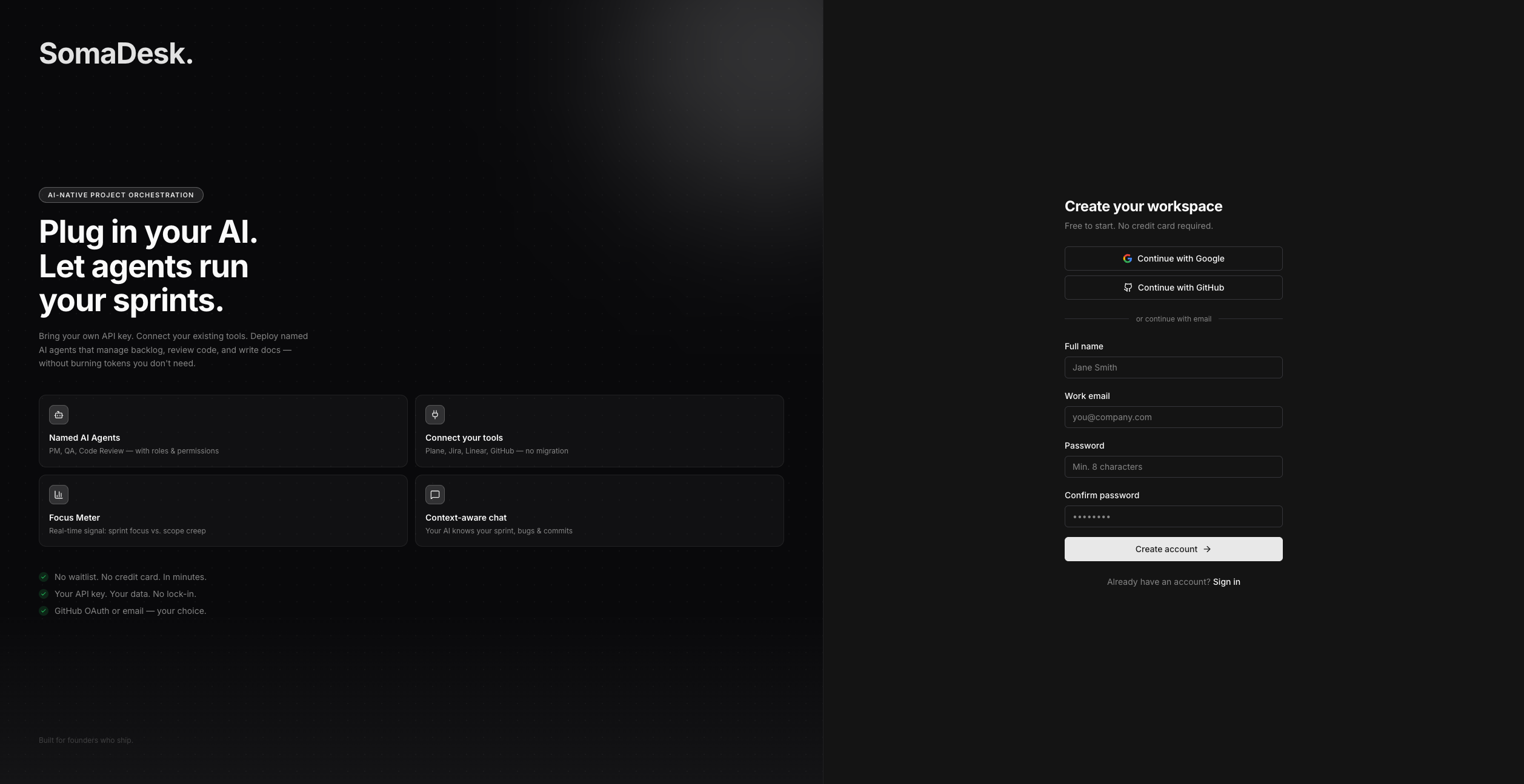 SomaDesk — getting started and sign up screen