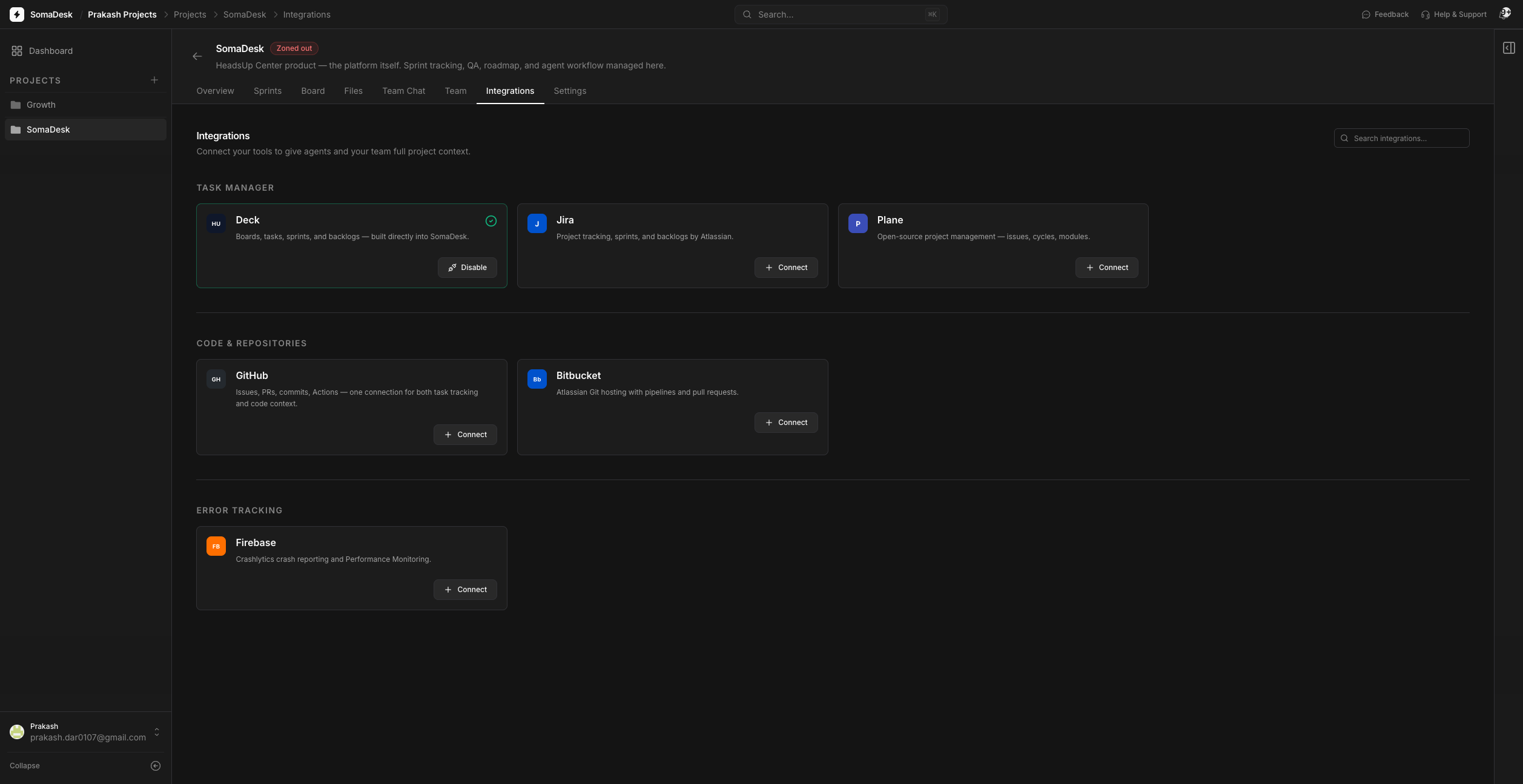 SomaDesk — integrations screen to connect your tools