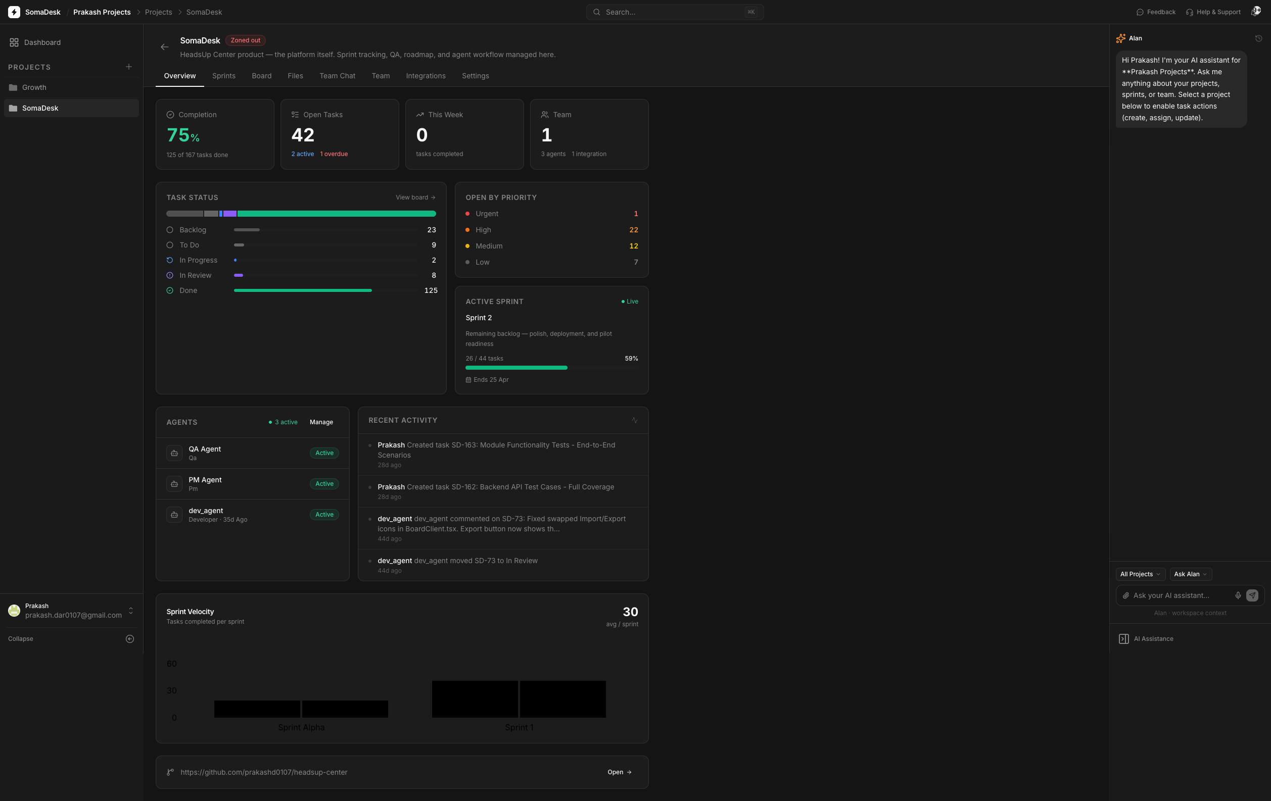 SomaDesk project overview — status summary across integrations