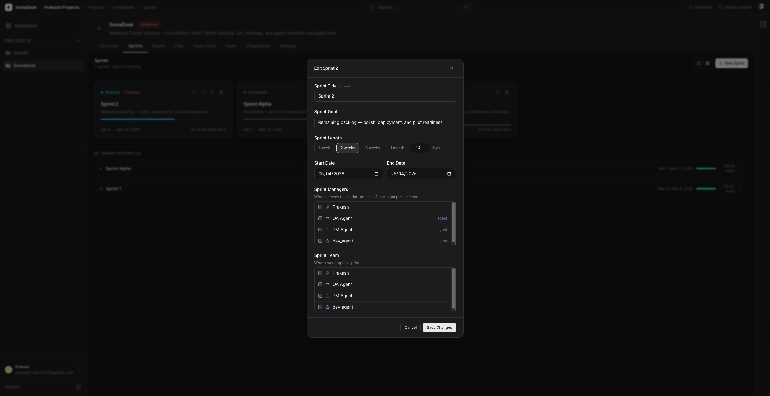 SomaDesk sprint edit — managing and reordering tasks within a sprint