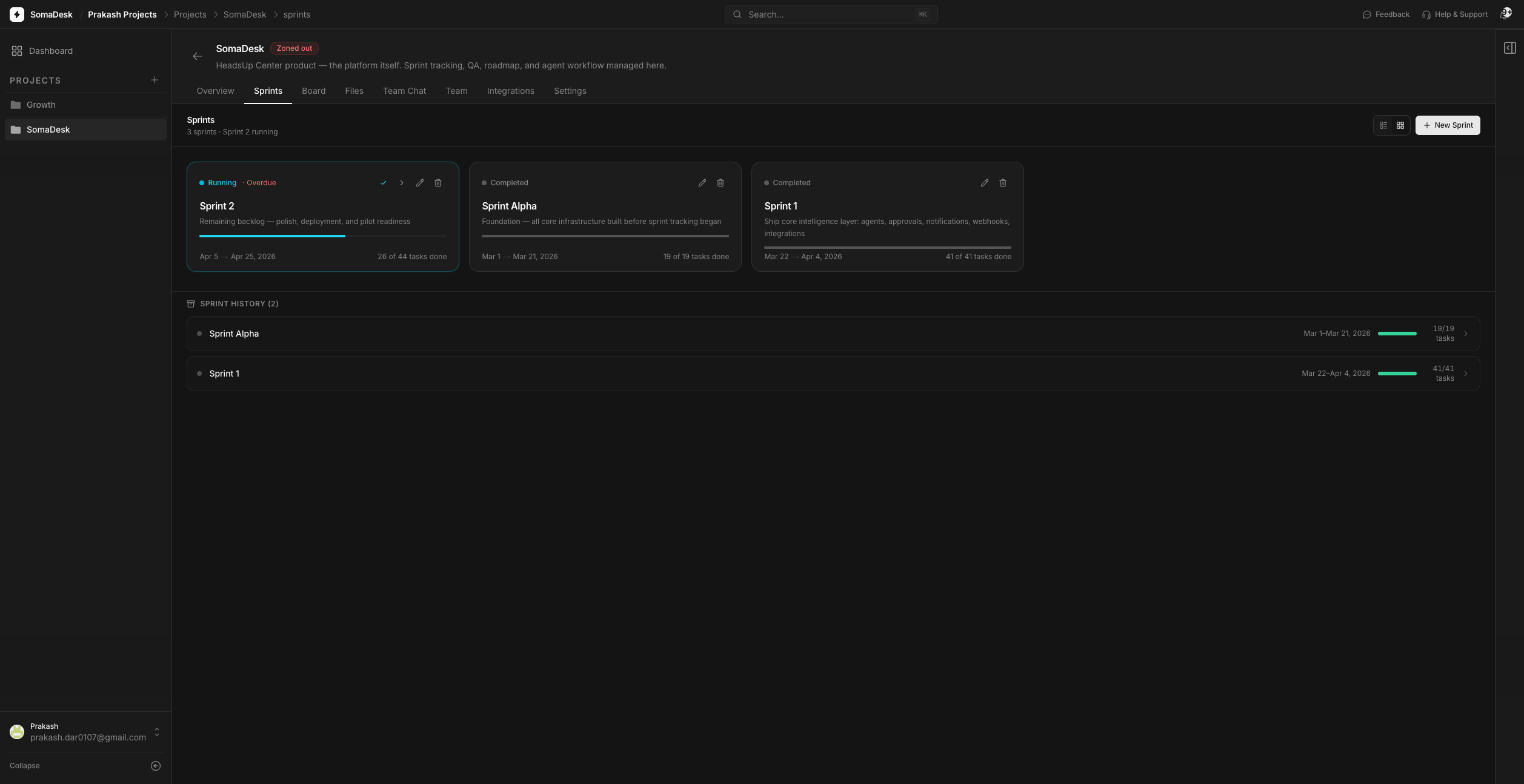 SomaDesk sprints — sprint management and planning view