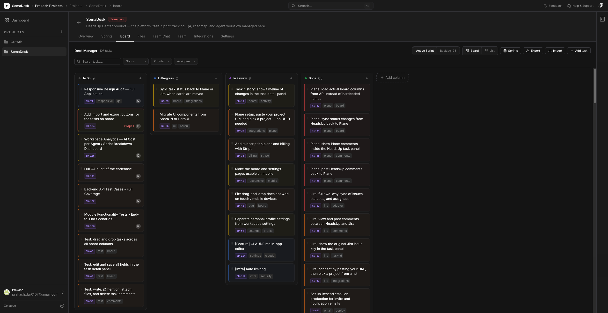 SomaDesk task board — kanban view with agent-assigned cards