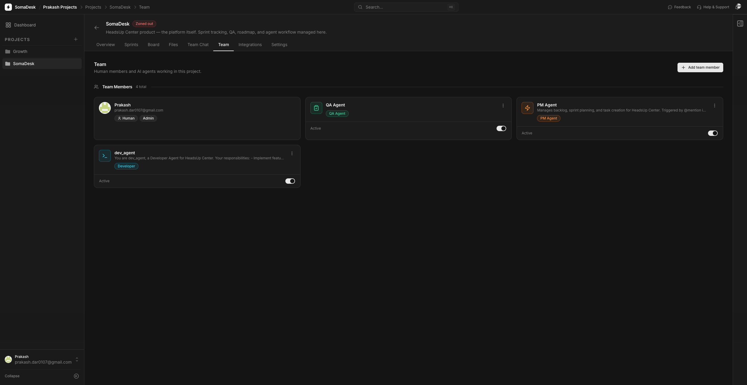 SomaDesk teams page — human and agent members in the same list