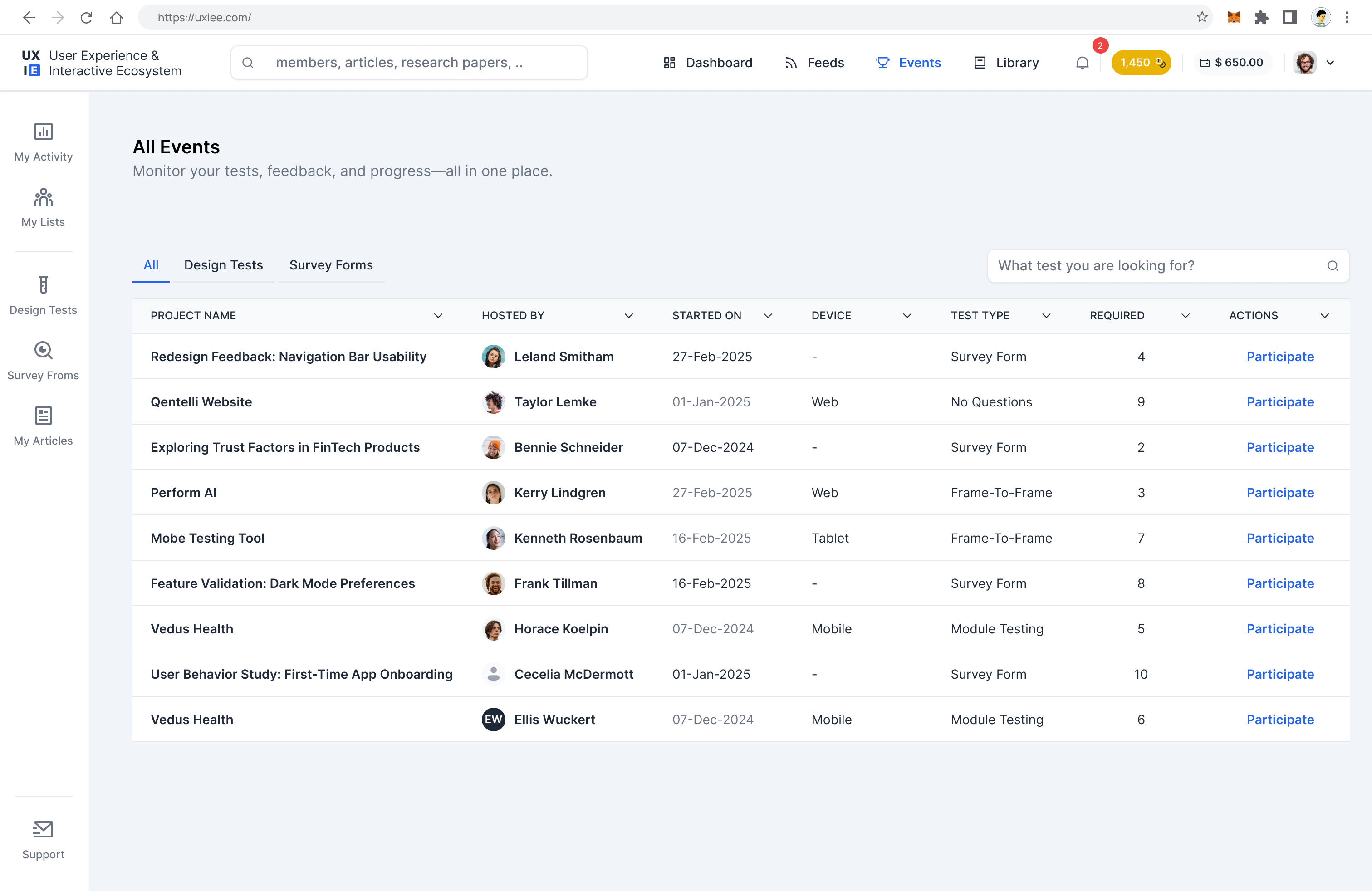 UXIE participant mode — list of running design tests