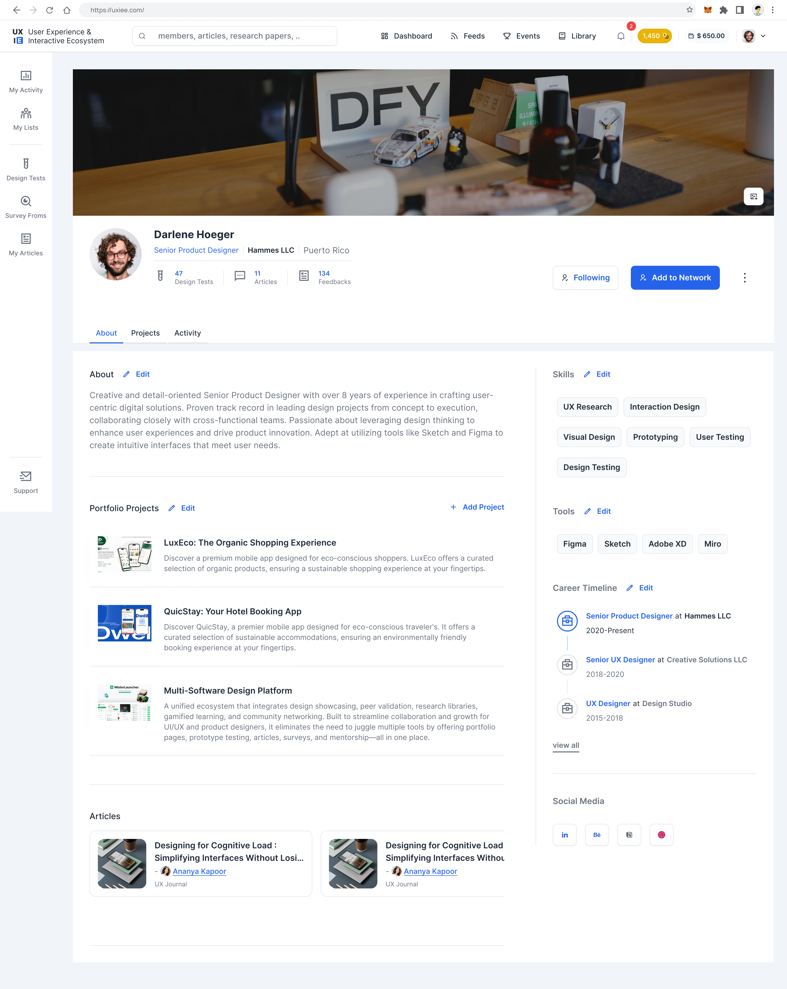 UXIE — user profile with contributions and test history
