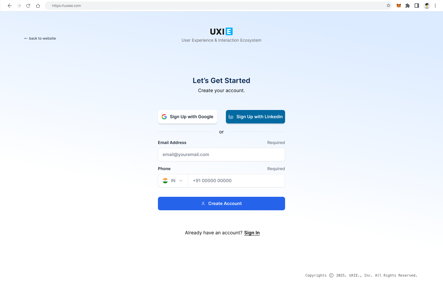 UXIE — sign up basic details screen