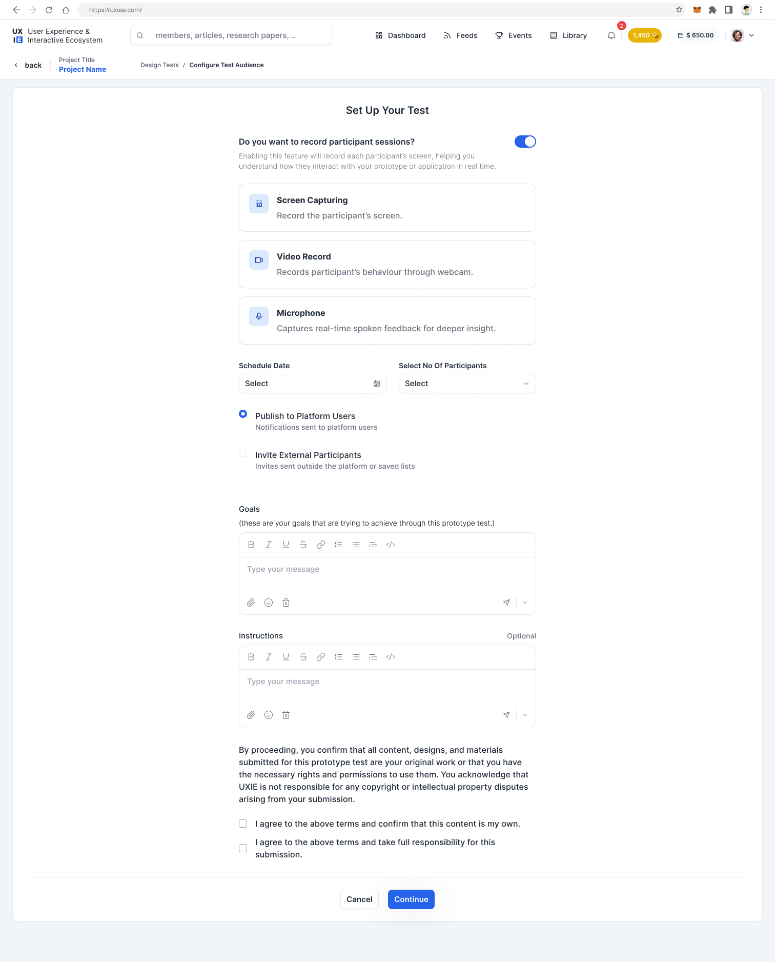 UXIE — configure test questionnaire