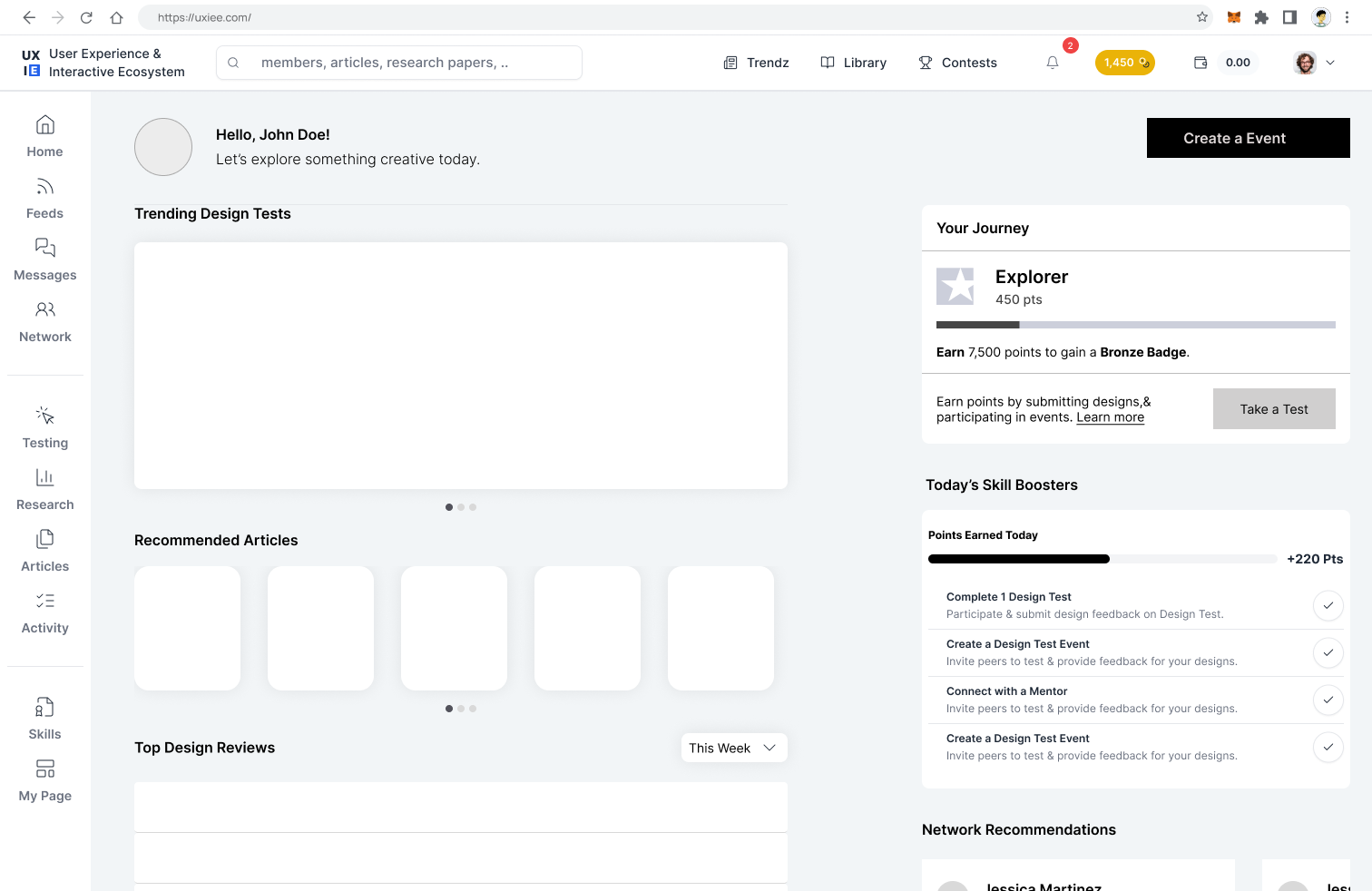 Wireframe — Home dashboard showing researcher mode