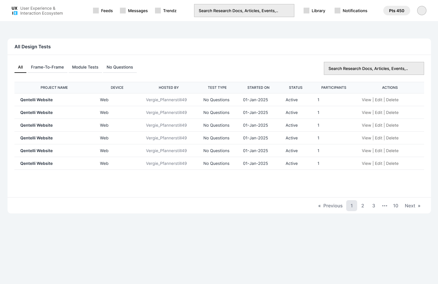 Wireframe — Participant mode list of running tests